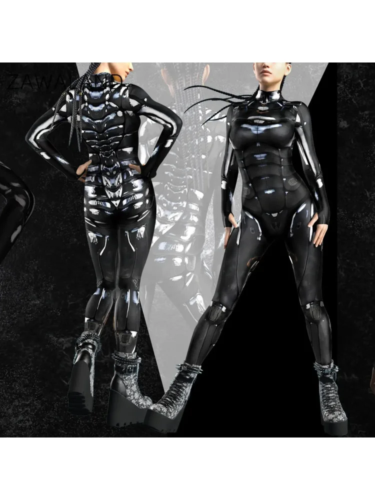 زي بدلة جسم تنكري للنساء ، تكنولوجيا المستقبل ، روبوت البونك ، طباعة الملمس الملونة ، زينتاي ، بدلة جسم ، زي هالوين ، ملابس