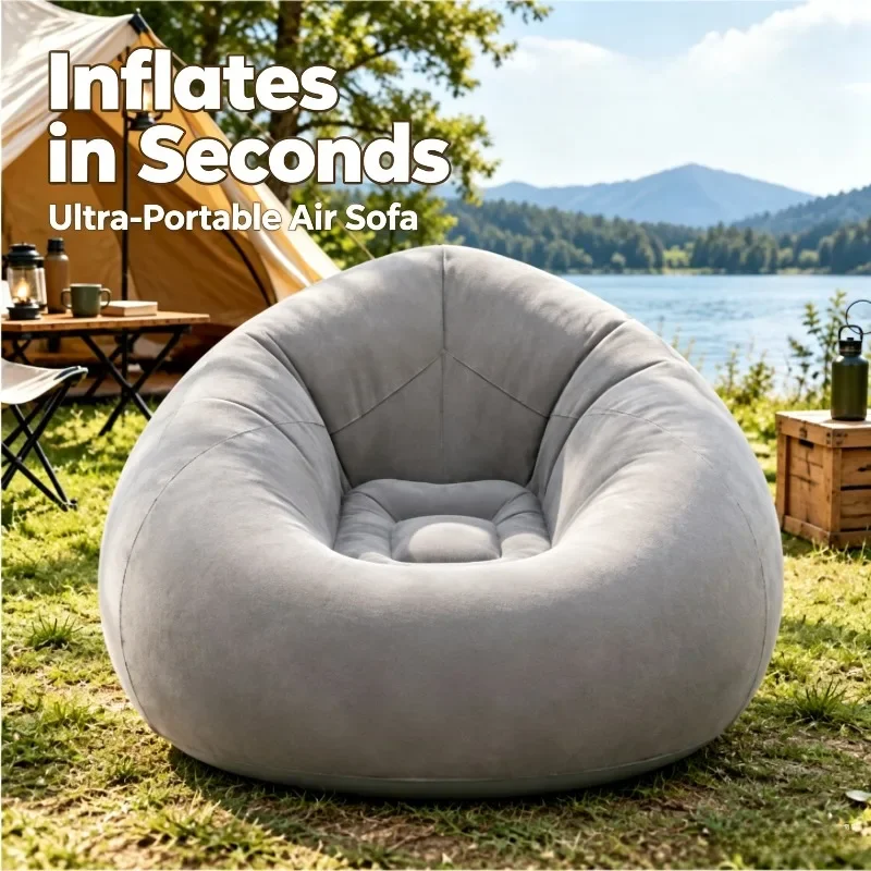 Inflatable Lazy Sofa Folding Portable Air Chair Flocking Surface Comfortable Lounge Seat for Living Room Outdoor Camping Beach