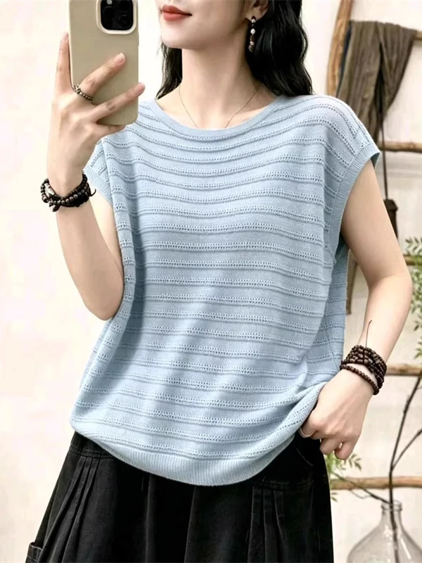 

Artistic Bamboo Rayon Knitted Short Sleeve round Neck Color T-Shirt plus Size Women's Casual Versatile Top