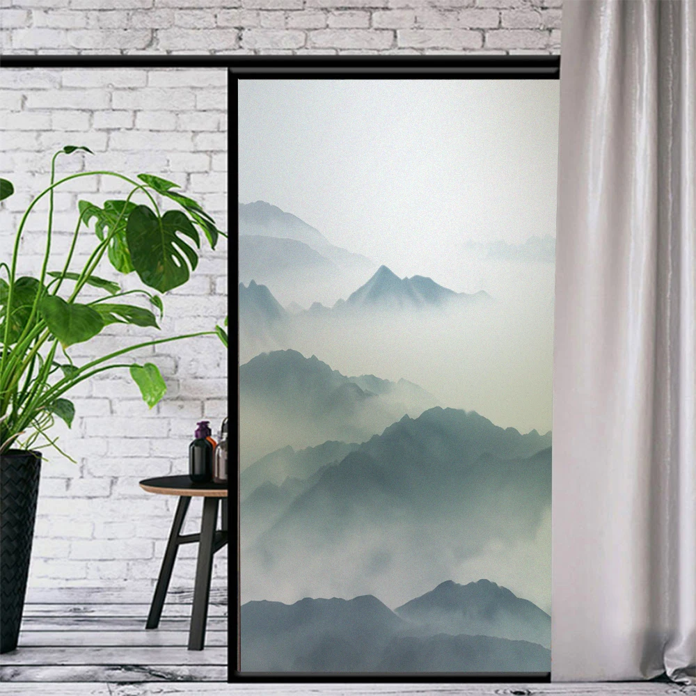 Privacy Window Film UV Blocking Heat Control Window Coverings Static Cling Foggy Mountain Pattern Glass Sticker for Decoration