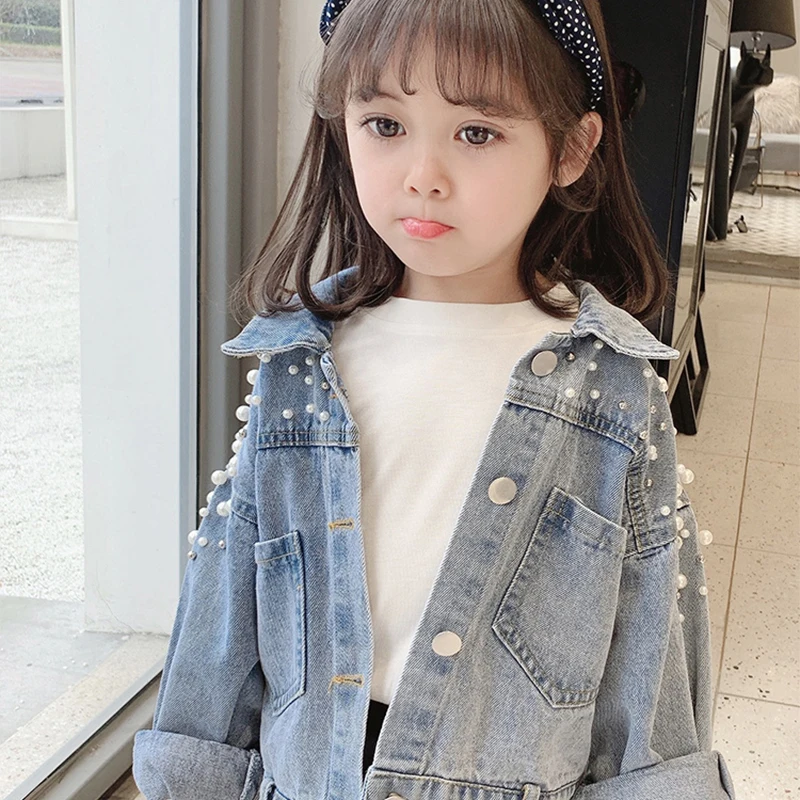 

New Pearls Beading Denim Jacket for Girls Fashion Coats Children Clothing Autumn Baby Girls Clothes Outerwear Jean Jackets Coat