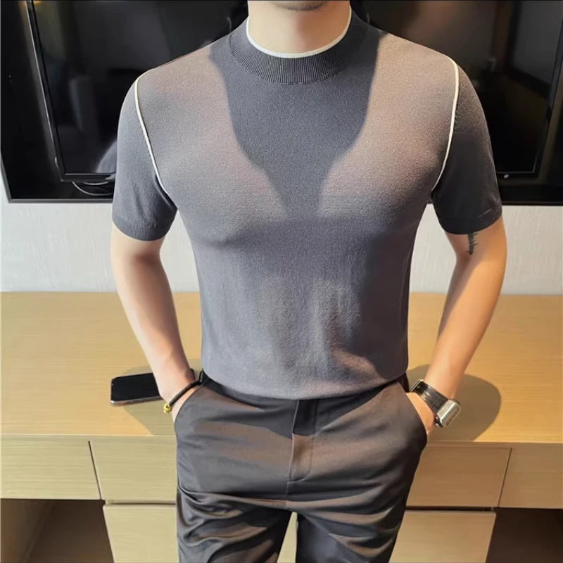 2025 Summer Ice Silk Knitted Short Sleeved T-shirt Men's Versatile Casual Round Neck Simple T-shirt Social Streetwear Tee Tops