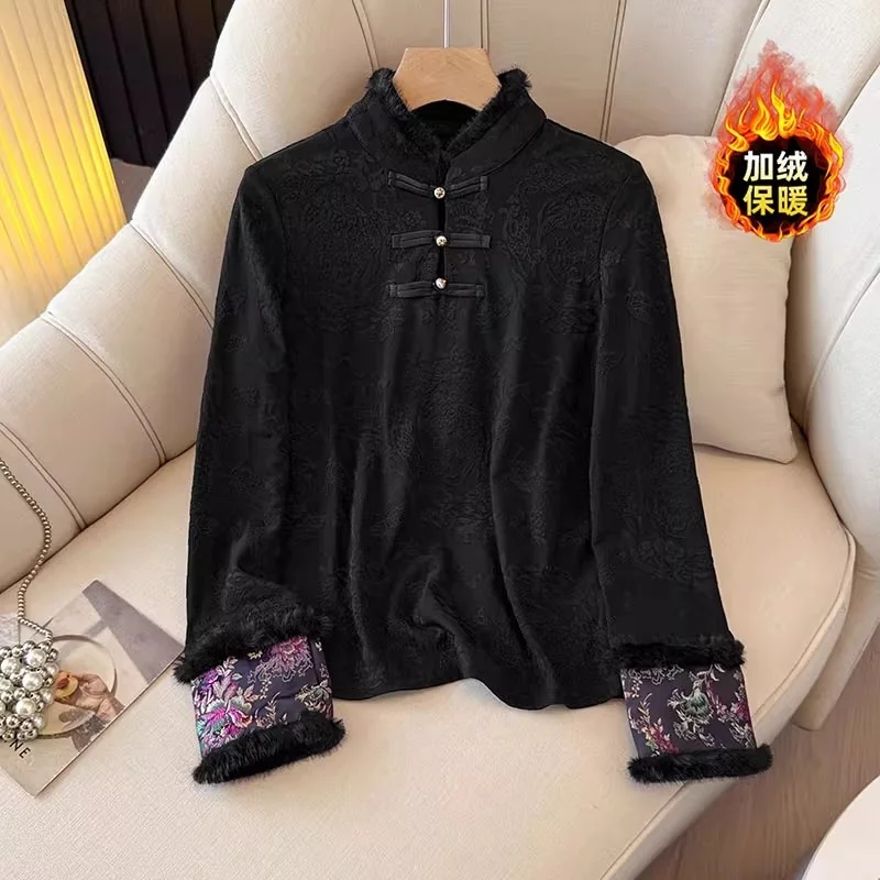 

New Chinese Style Bottom Shirt Buttoned Jacquard Top, Autumn Winter Plush Tick Retro Fashion Spliced Blouse For Women W1583
