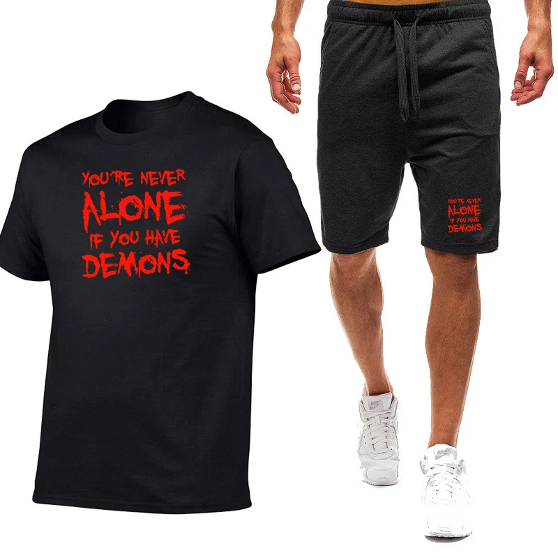 

You're Never Alone If You Have Demons Logo Print Solid Color Simple Suits Men's 2026 Summer Style T-shirt Pants Breathable Sets