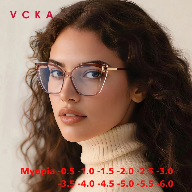 

VCKA Women Myopia Glasses Progressive color Big Frame Fashion TR90 Anti-blue Light Custom Prescription Eyewear -0.50 TO -6.0