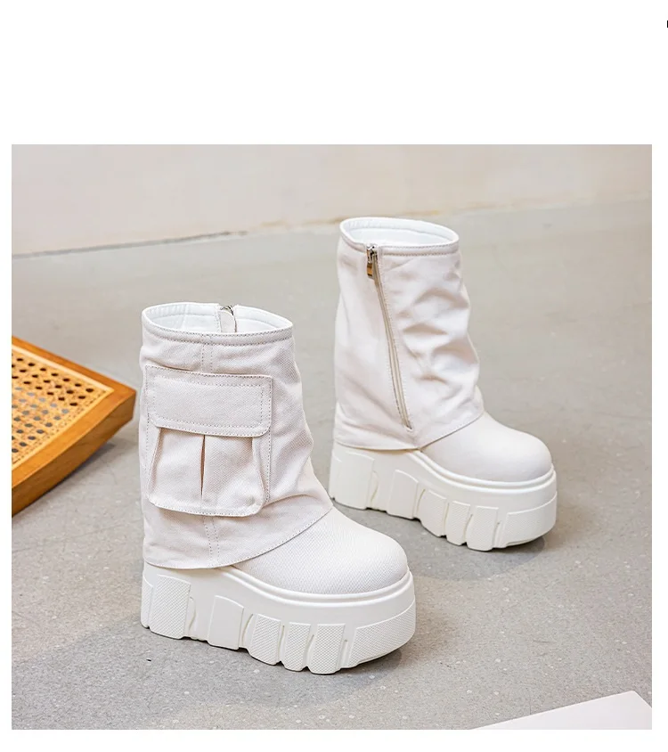 14CM Platform Outsole Women Canvas Short Boots Female Super High Sole Ankle Boots Pocket Zipper Open Black White Fashion Boots
