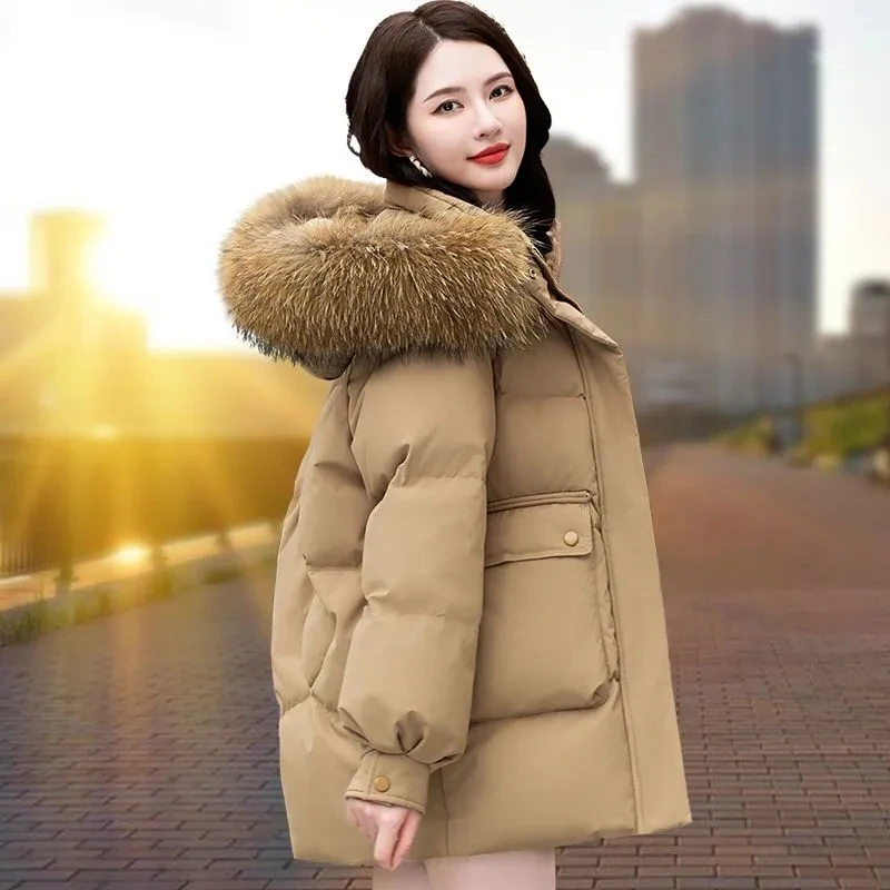 White Eiderdown Down  Female Temperament Long Winter Fashion Mother Warm Fur Collar Loose Casual Thick Coat Female Tide