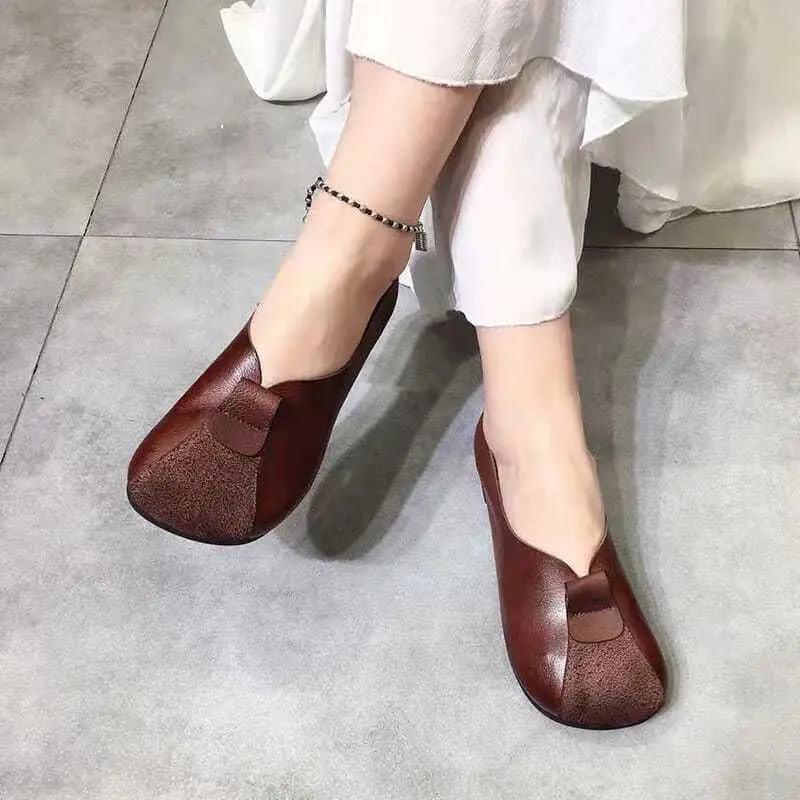 Wide Round Toe Granny Shoes Autumn Patched Mary Janes Shoes Ladies Retro Flats Mom Brown Retro Leather Loafers