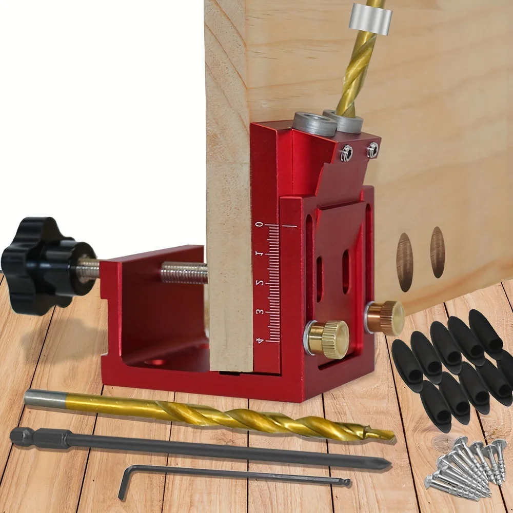 Adjustable Pocket Hole Jig Kit 9mm Angle Drill System Kit with Drill Guide  Step Drill Bit  Wooden Plugs Screws for Joinery Work