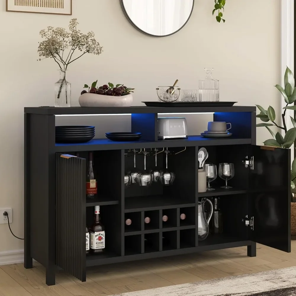 Fluted Home Bar Wine Cabinet with LED Light, Charging Station, Wine Rack - Buffet Cabinet with Storage, Bar Cabinet