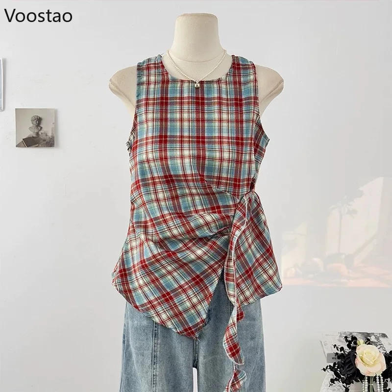 

Y2k Hot Women Summer Japanese Vintage Plaid Tanks & Camis Irregular Tees Vest Casual Female Elegant Sleeveless Tank Tops Clothes