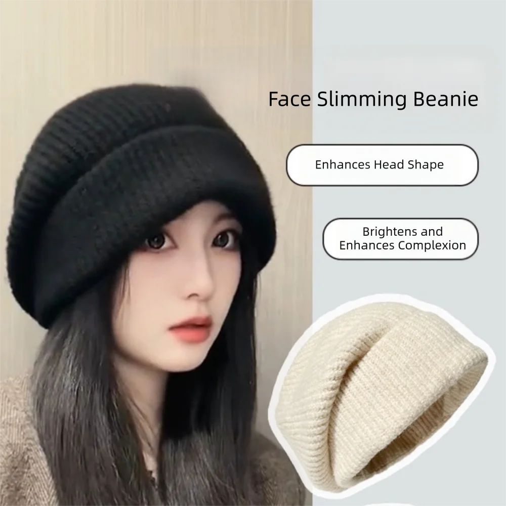 Fashion Big Head Winter Hat Warm Coldproof Beanie Hat Solid Color Windproof Skullies Hat for Women