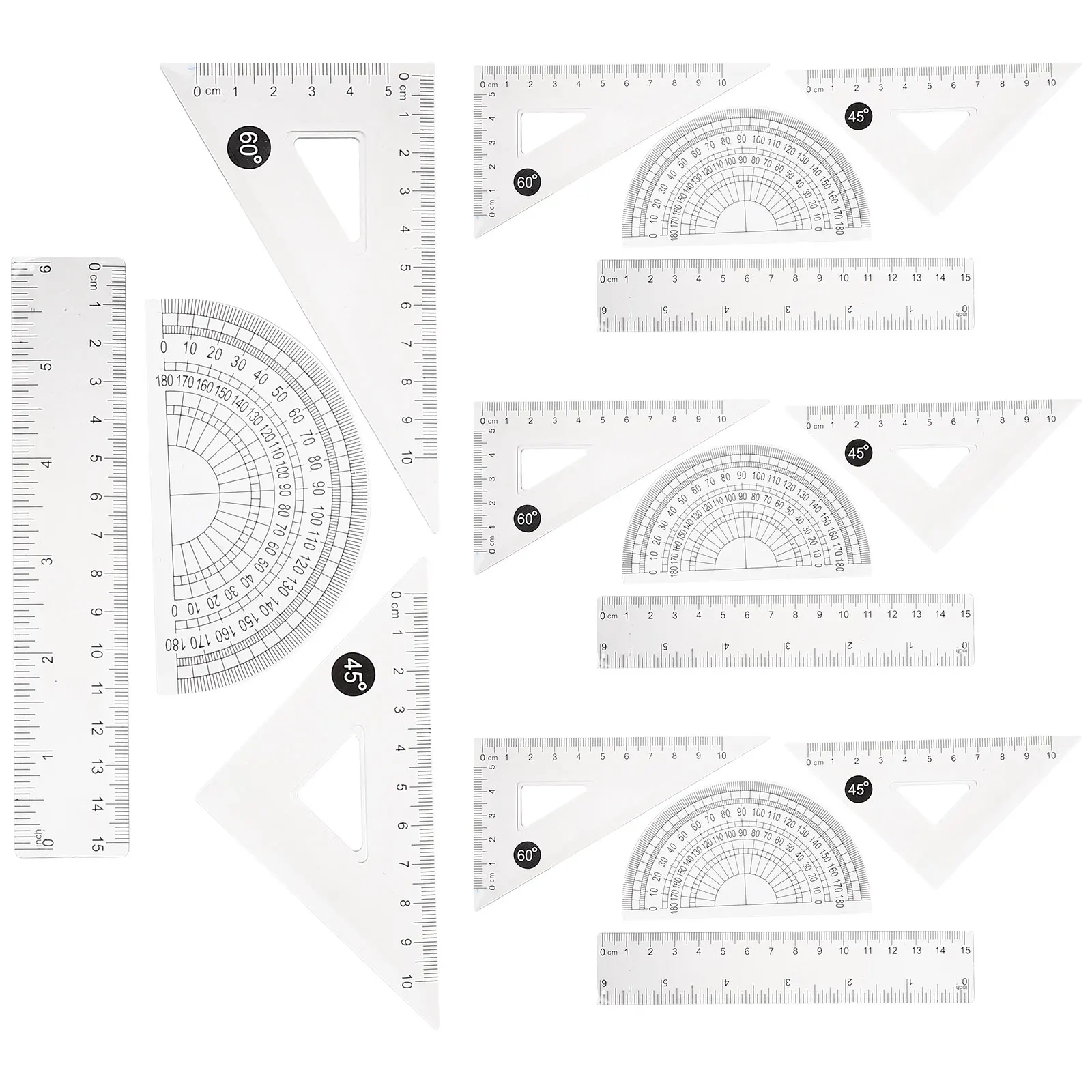 4 Sets 15cm Transparent Ruler Kit Students Drawing Measuring Set Triangle Protractor School Supplies Portable