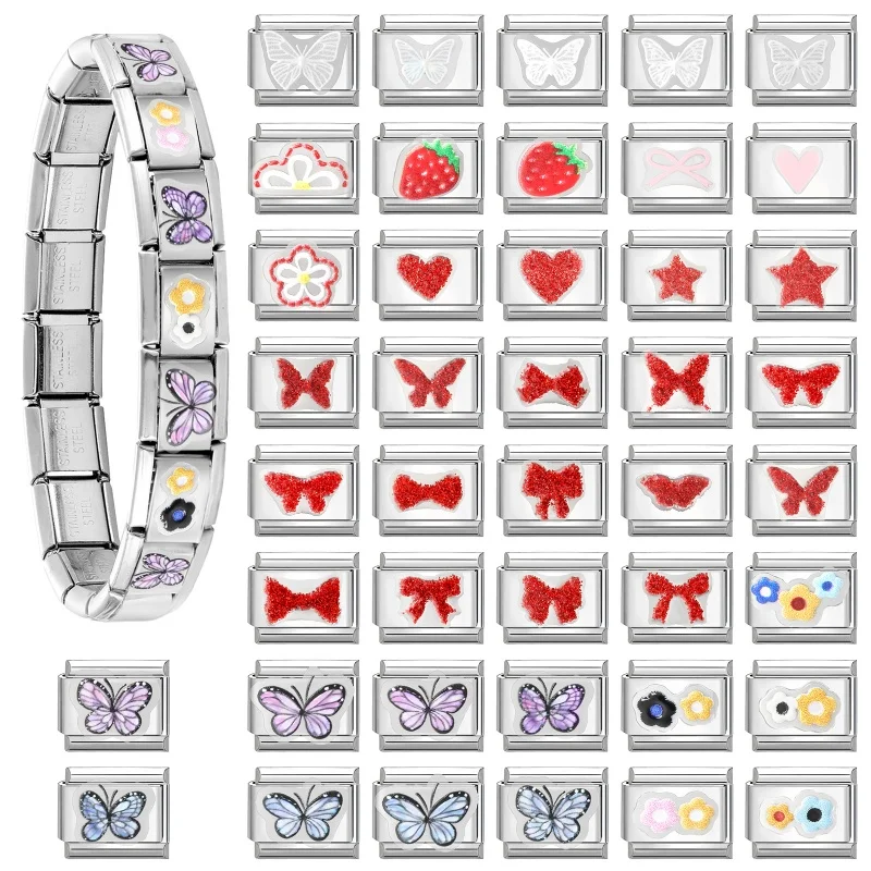 Y2K Colorful Butterfly Star Heart Bow Sticker Charm Italian Links Fit 9MM Stainless Steel Bracelet Jewelry DIY Making Wholesale