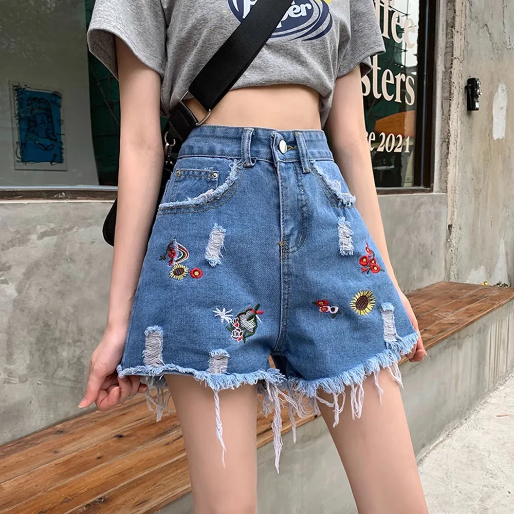 Summer Fashion Denim shorts For Women Plus Size High Waist Tassel Casual Bottoms For Ladies Embroidery Flowers y2k Jeans