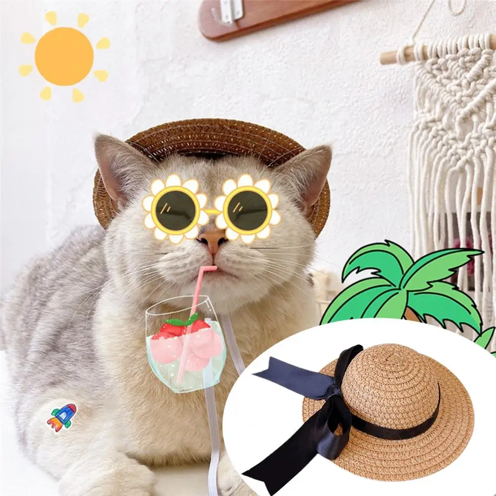 Pet Straw Hat Dress Up Adorable Fashion Pet Cat Dog Bowknot Sun Hat Elastic Adjustable Strap Cat Hat Pet Supplies