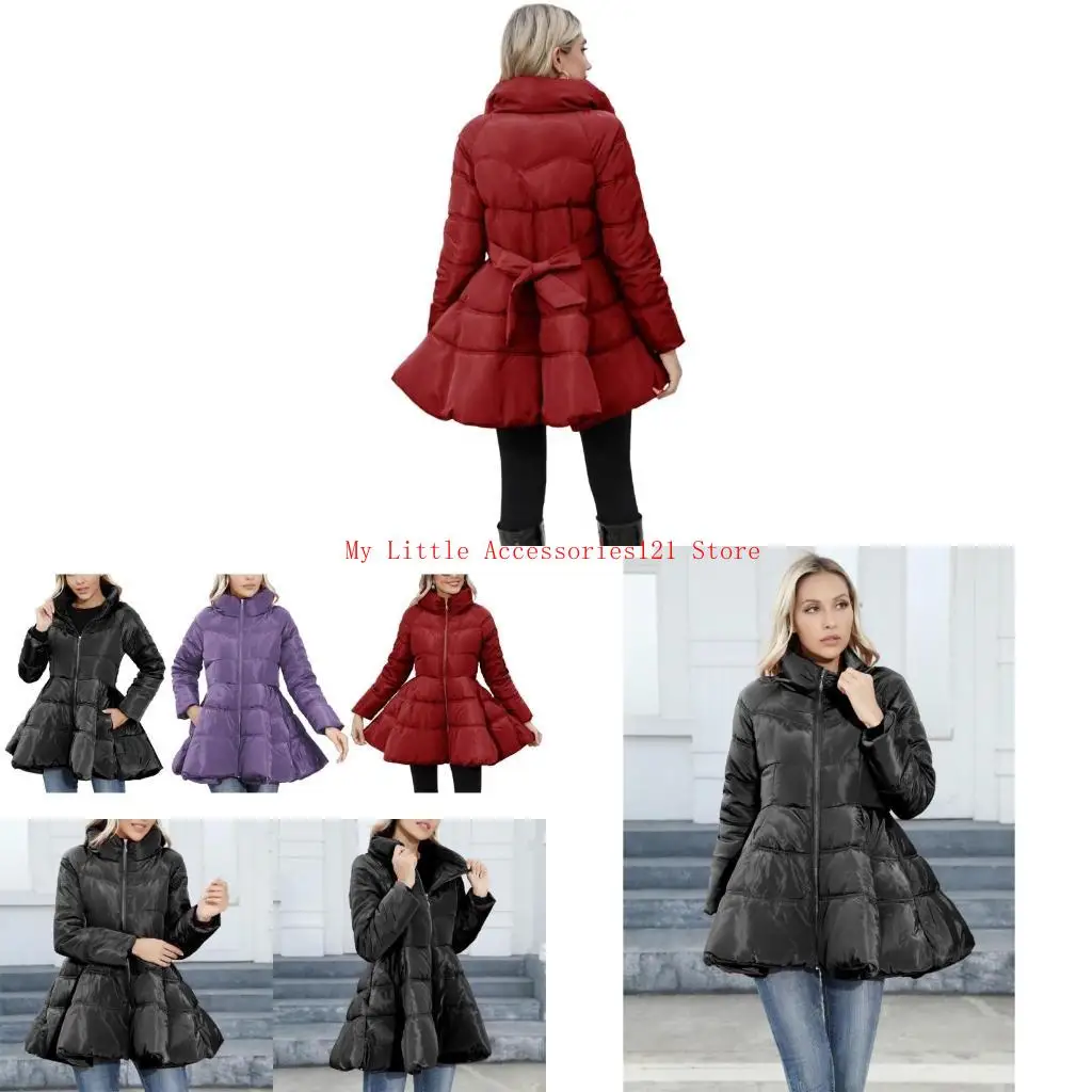 

Womens Winter Full Zipper Stand Collar Puffer Jackets Long Coats with Belt