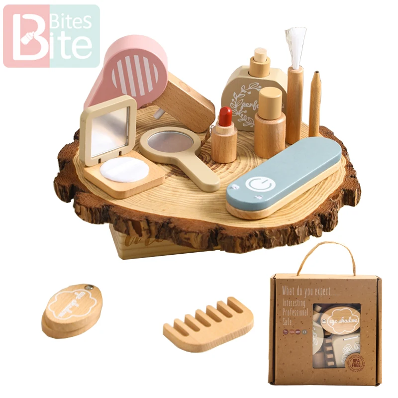 Kids Montessori Makeup Toys Wooden Building Blocks Set Play House Props Educational Toys for Children Makeup Lip Stick Toy Gifts