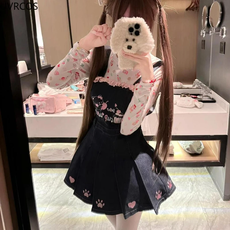 Sweet Lolita Style Skirt Set Women Kawaii Cartoon Print Long Sleeve T-shirts Bear Denim Suspender Skirts Suits Y2k Korean Sets