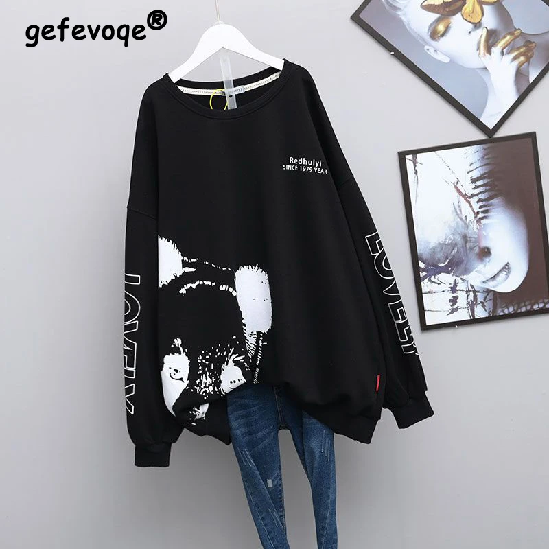 Kawaii Cartoon Letter Print Oversized Streetwear Female Sweatshirt Korean Fashion Casual Long Sleeve Pullover Top Women Clothing