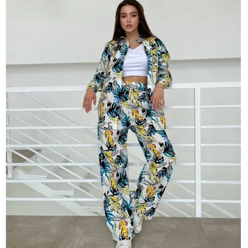 Women Tracksuit Two Pieces Set Long Sleeve shirts Turn Down Collar Single Breasted Print Pockets Wide Leg Pants High Street 2023