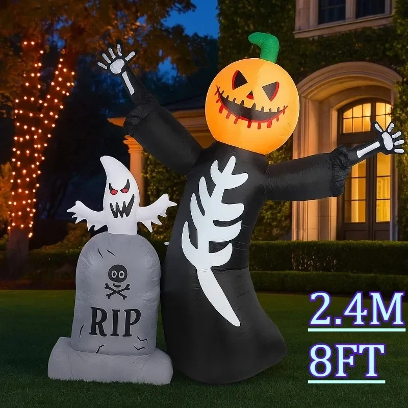 

8-футовый надувной декор для Хэллоуина, скелет с головой тыквы и призраком, встроенные светодиодные фонари, идеально подходят для украшения садового зала и двора