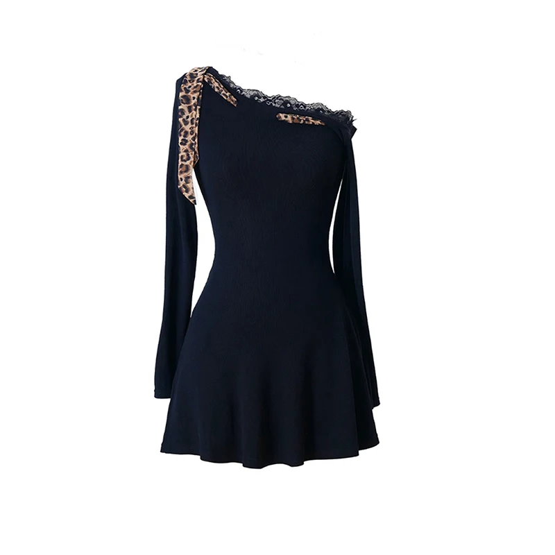Sexy Dress Women y2k Clothes Leopard Print Lace Trim Off Shoulder Long Sleeve A Line Mini Dress Party Dresses Clubwear