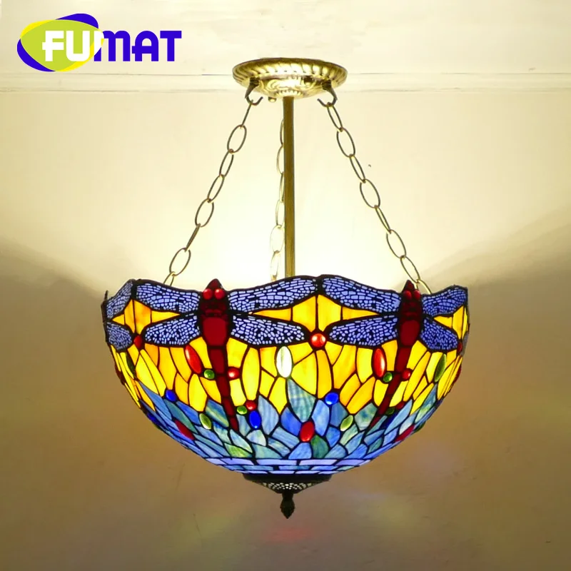 

FUMAT Tiffany stained-glass simple retro dragonfly chandelier for living room dining room bedroom decor inverted pendant lamp