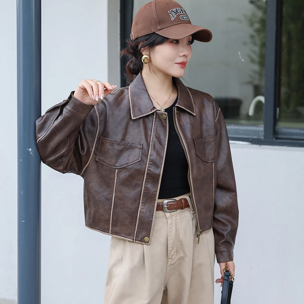 Faux Leather Women Coffee Laple Cropped Jackets Vintage Long Sleeve Pocket Motor Bicycle Coat New Female Casual Retro Streetwear