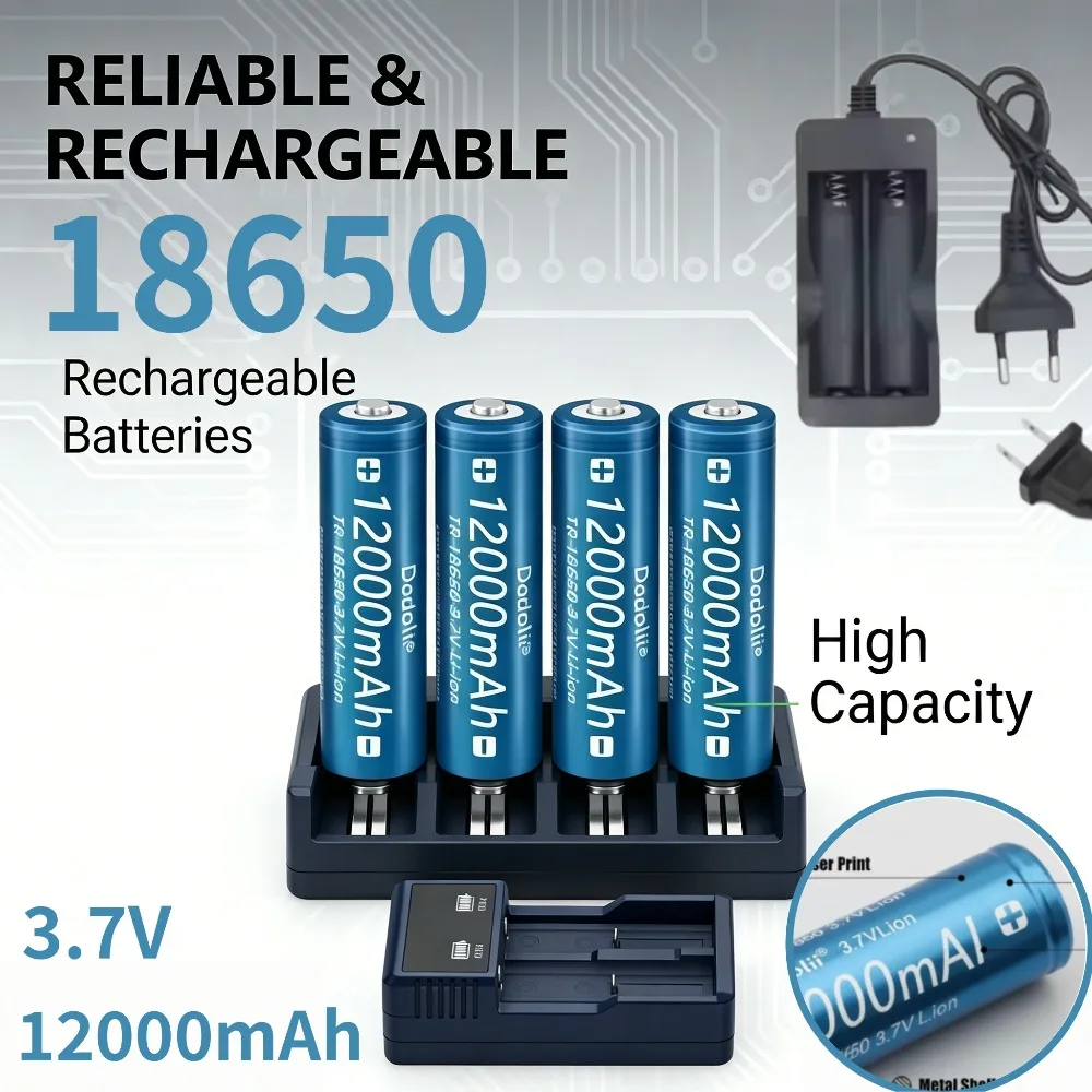 

18650 Rechargeable Battery 12000mAh 3.7V with Charger, EU US Plug for Toys & Flashlights, Air Shippable