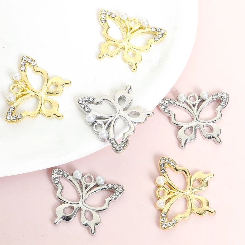 10pcs Exquisite Elegant Hollow Butterfly Charms with Rhinestones&Pearls Versatile Necklace Bracelet Earrings DIY Alloy Pendants