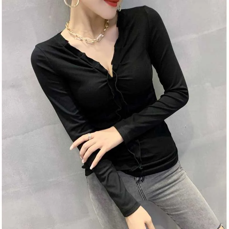 Fashion V-Neck Spliced Folds Ruffles T-Shirt Women\'s Clothing 2023 Winter Slim Solid Color All-match Tops Office Lady Tee Shirt