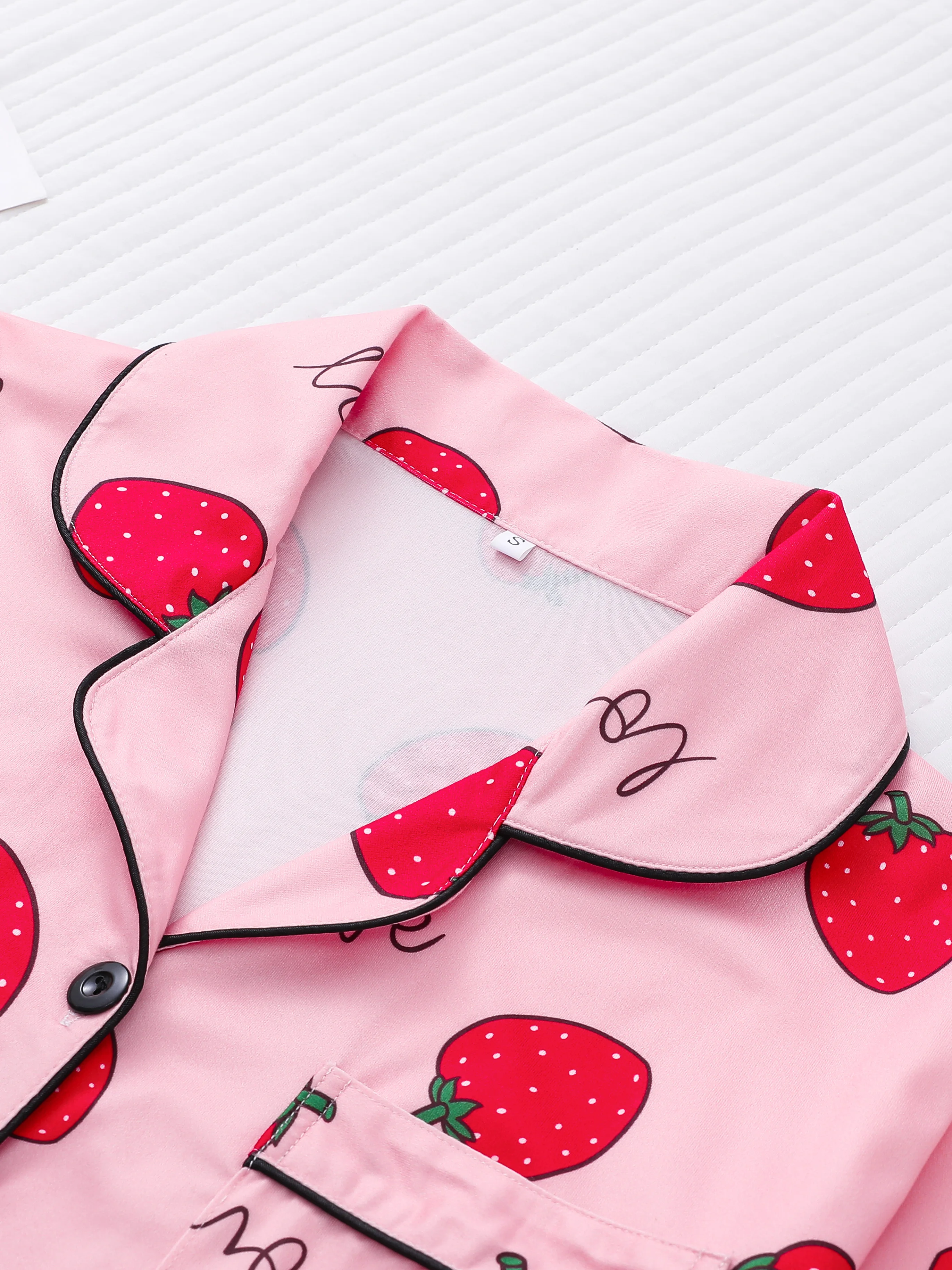 Strawberry heart print pajama set button-down cardigan lapel top loose trousers women\'s loungewear