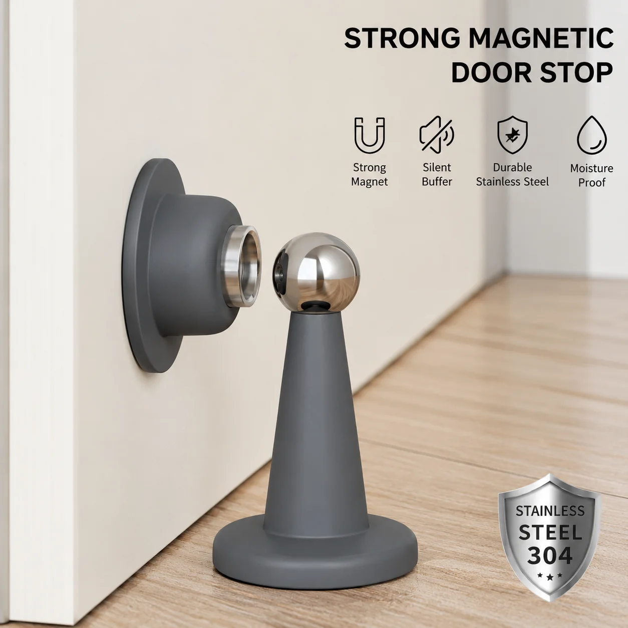 304 Stainless Steel Magnetic Door Stop No Drill Adhesive Door Holder Silicone Anti-Collision Wall Floor Mount Door Catch