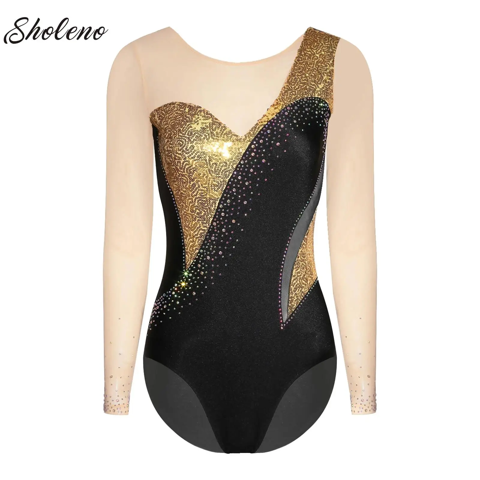 

Womens Rhythmic Gymnastics Ballet Jersey Artistic Figure Skating Leotard Costume Rhinestone Long Sleeve Splice Bodysuit Tops
