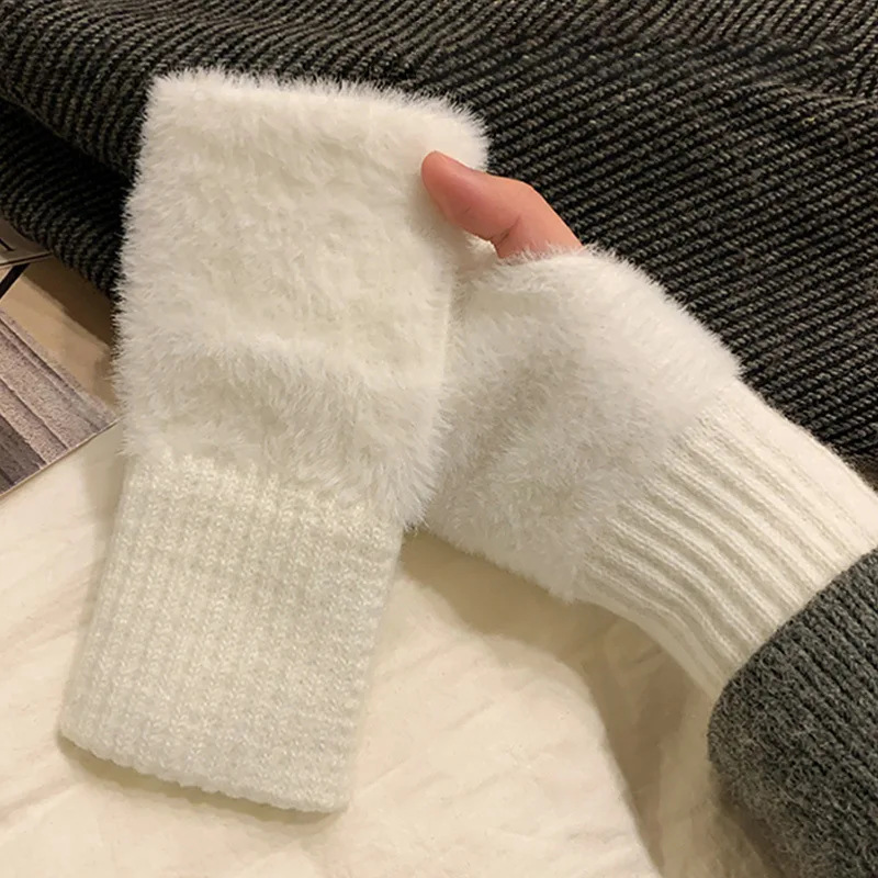 Mink Fleece Soft Winter Half Finger Gloves Women Warm Luxury Solid White Plush Knitted Fingerless Gloves Wrist Mittens Writting