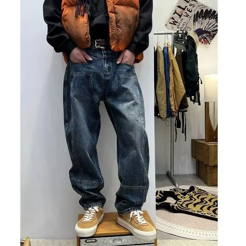 Fashion 2026 3D Multi-fold Ounces Lumberjack Retro Trousers Men's and Women's Loose Trendy Brand Blue Straight New Harem Jeans