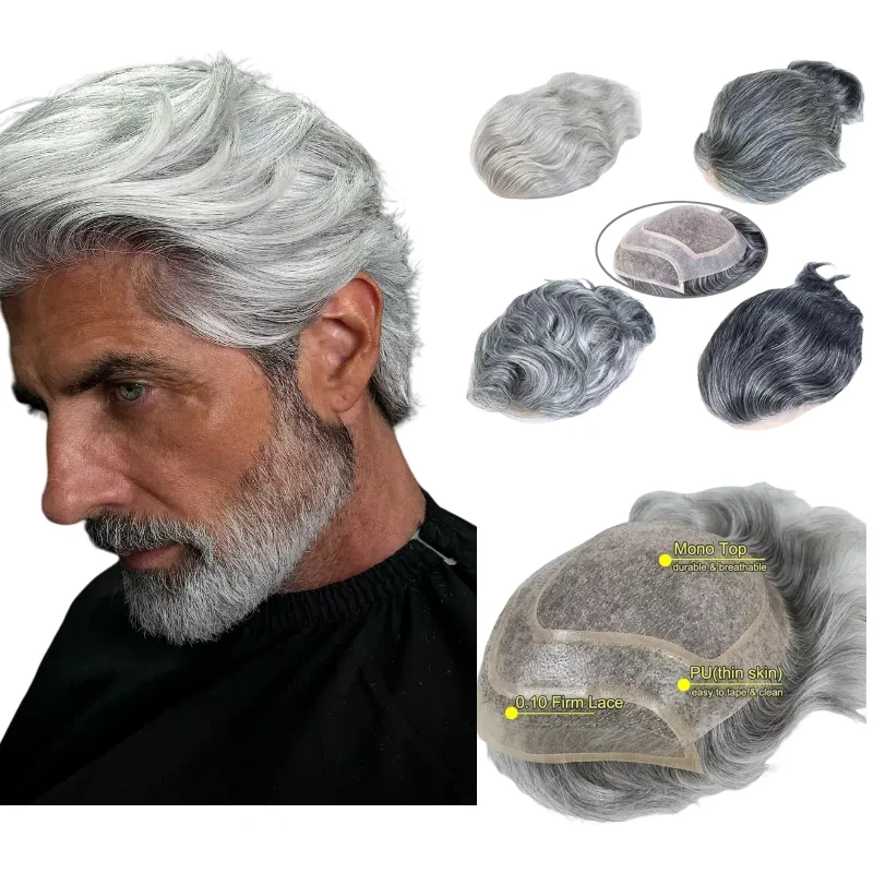 

Мужской парик из человеческих волос 8x10 дюймов, моно-основа с серой смешанной кружевом и пу цветами 1B20 1B40 1B80 # 4 для повседневного ношения