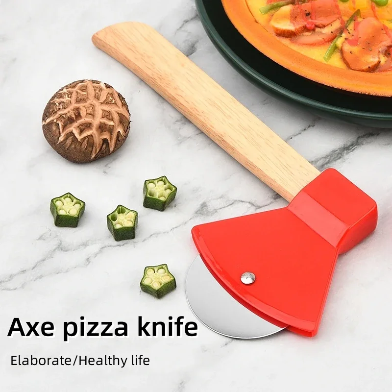 Stainless steel axe pizza cutter Wooden handle Baking tool Single wheel pie cutter1pc