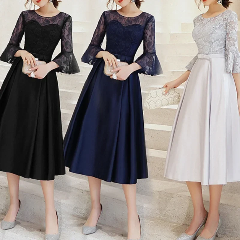 Customized O-neck Half Flare Sleeve Prom Dresses Lace Slim Waist Elegant Pleated Formal Dress 2024 Solid Medium To Long Evening