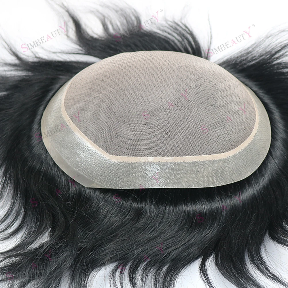 Sistem pengganti rambut manusia pria Toupee untuk pria unit wig lapisan poli hitam halus Mono & PU sekitar potongan rambut 7x9 Prosthesis