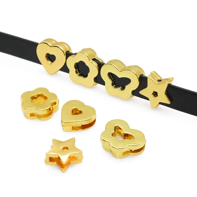 30PC/lot Hole 8MM Golden Heart Star Flower Butterfly Slide Charm Plain DIY Charms For 8mm DIY Bracelet Wristband Jewelrys