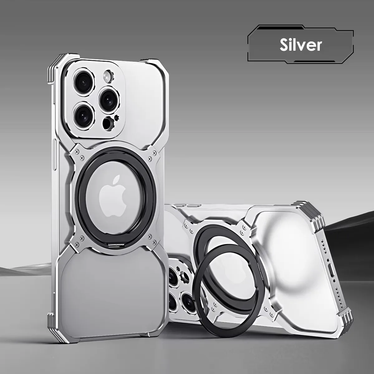 Rimless 360° Stand Magnetic Metal Phone Case For iPhone 14 13 15 Pro Max Metal Bumper Lens Protection Metal Skeleton Phone Cover