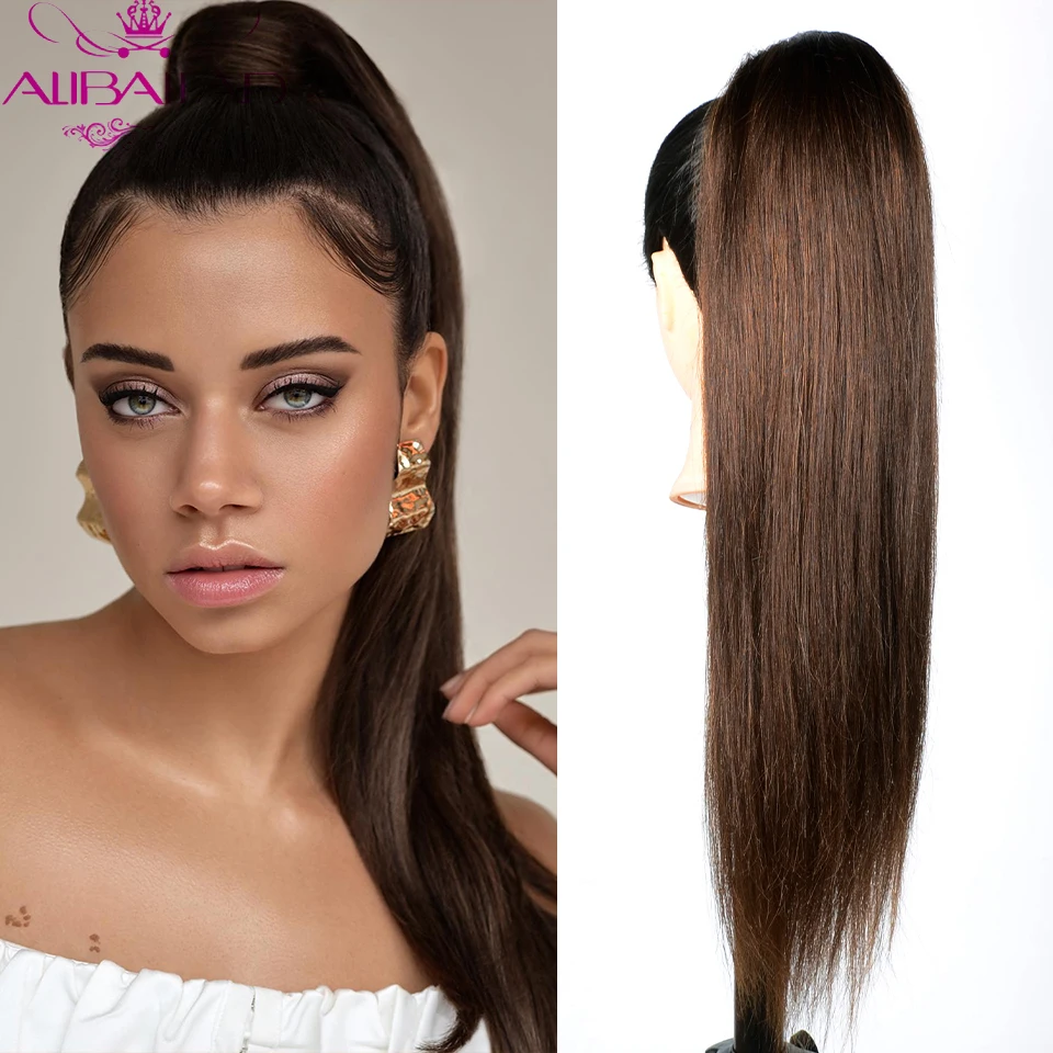 4 # Donkerbruin Gekleurde Straight Koord Paardenstaart Menselijk Haar Braziliaanse Remy Clip In Extensions 2 Kammen 100/150G Pony Tail