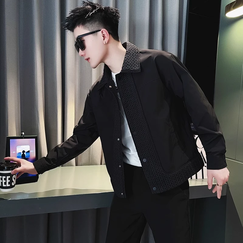 

Casual Sle Patchwork Jaet Men's Spring Autumn Loose Fit Collar Trendy Brand Windproof Long Sve Zipper Closure No Hat