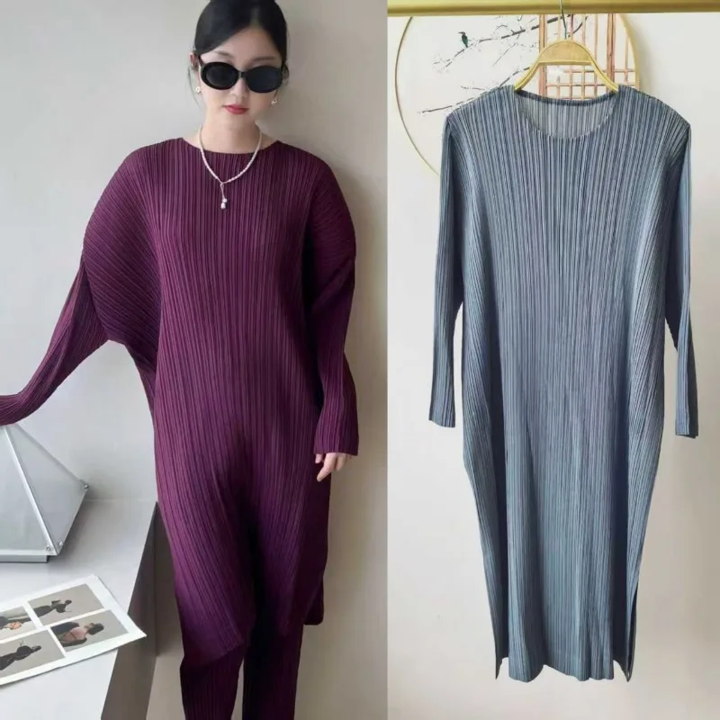 Miyake Pleated Dresses Fall/Spring 2025 Collection Premium Pleats Designer Style Plisse Plus Size Loose Fit Asymmetrical Dress