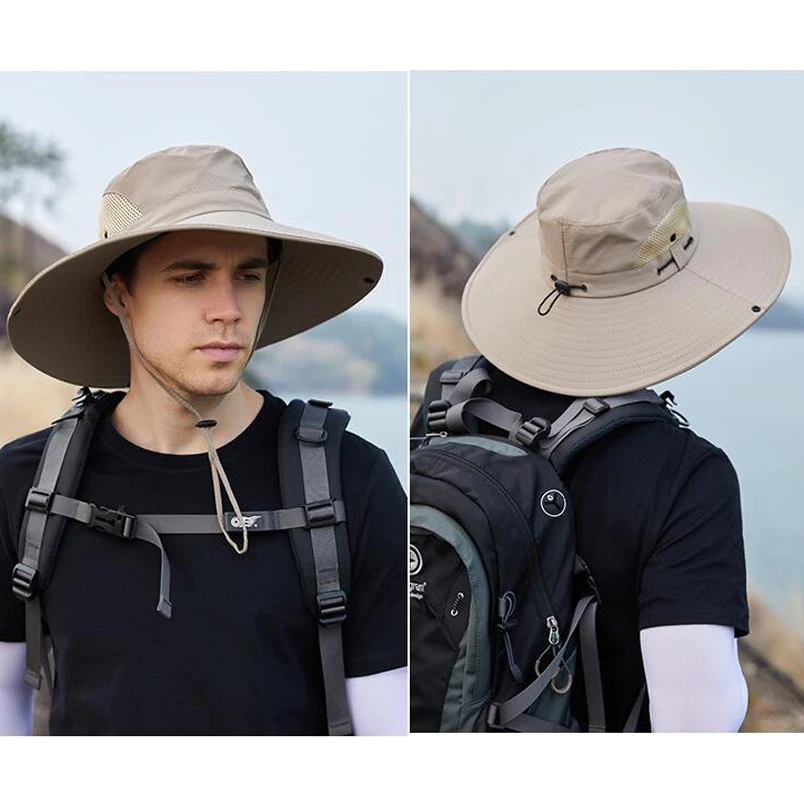 Summer Wide Brim Bucket Hats Fashion Outdoor Drawstring Mountaineering Sun Hat Fishing Panama Cycling Visors Breathable Mesh