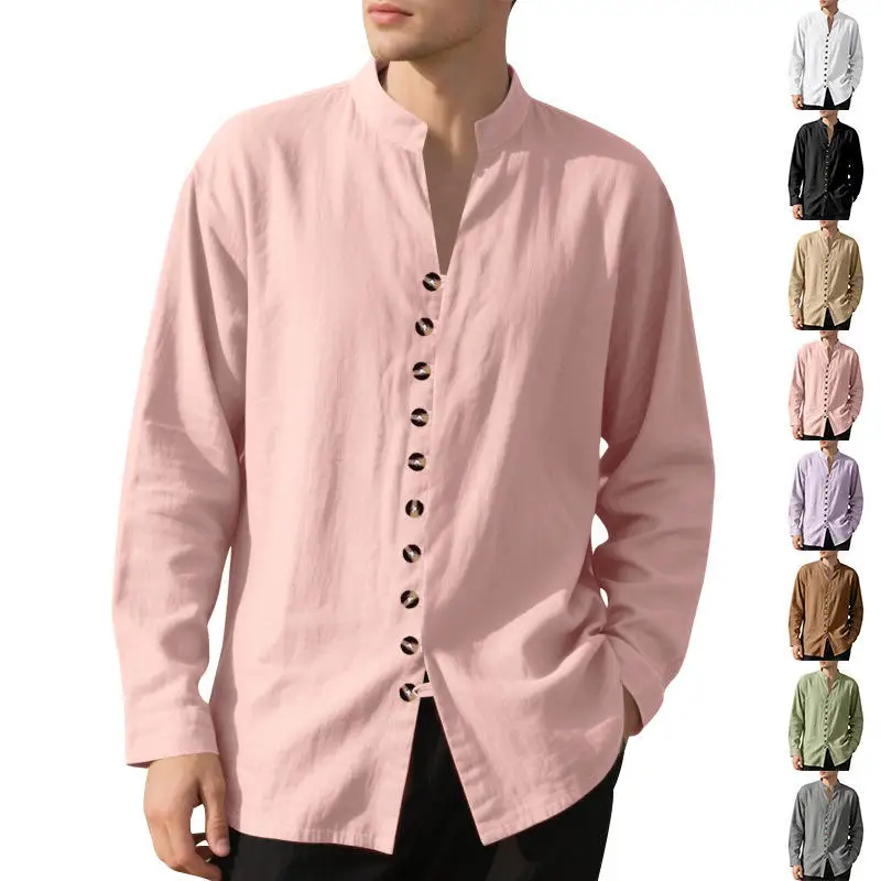 

Spring Autumn Men's Long Sleeve Shirt Regular Fit Retro Collar Casual T-Shirt Pure Color Classic Button down Office Wear