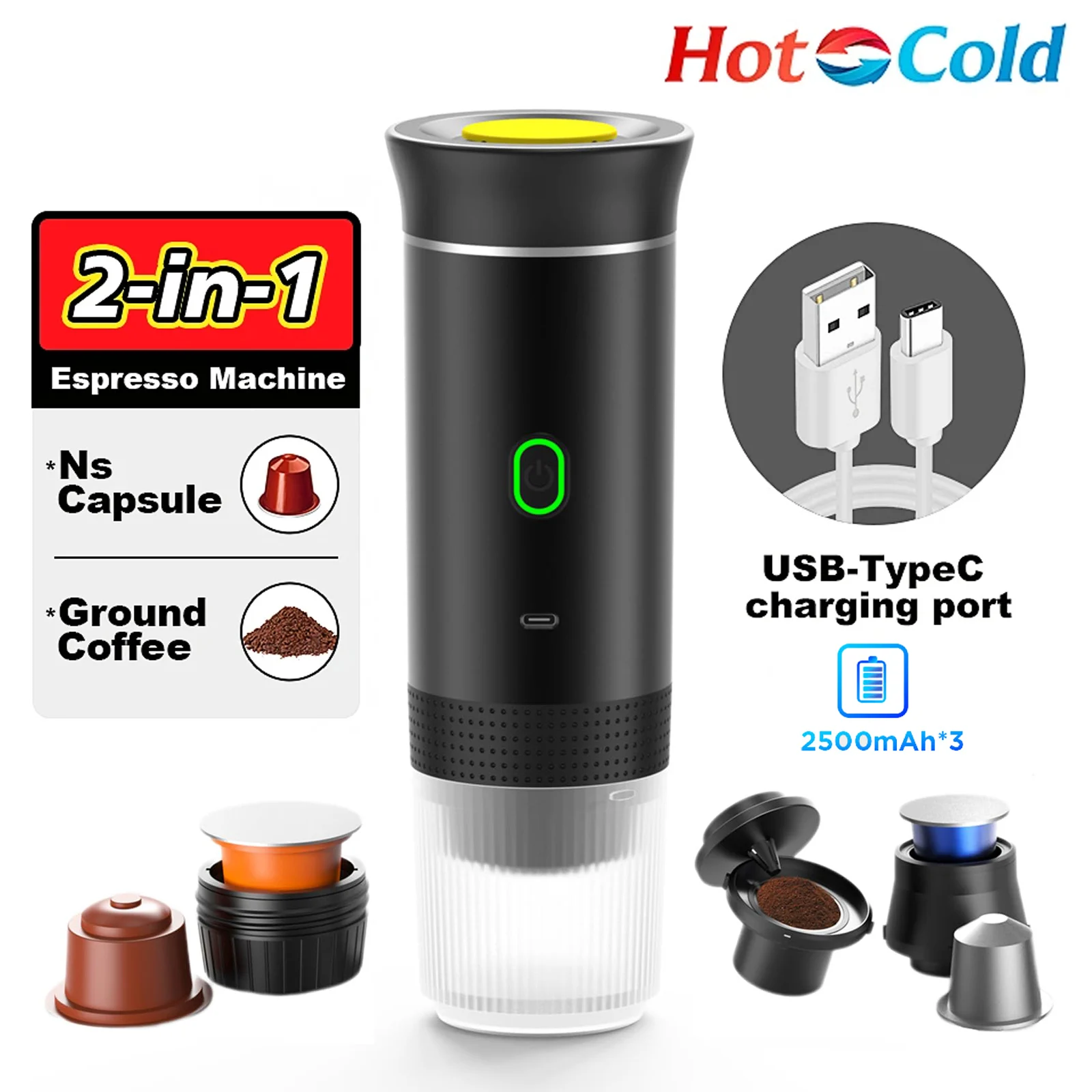 

3-in-1 Electric Coffee Machine Capsule/Powder Wireless Portable Coffee Maker USB Rechargeable for Car Camping Kitchen Appliances