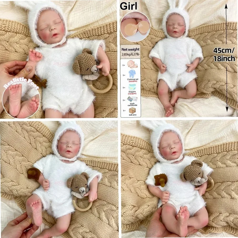 18-Inch Silicone Reborn Baby Doll, Medium Skin Tone, Hand-Painted Details, Lifelike Display